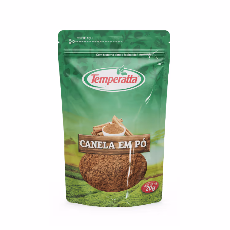 Canela em pó pura Temperatta em embalagem pouch para preservação de aroma.