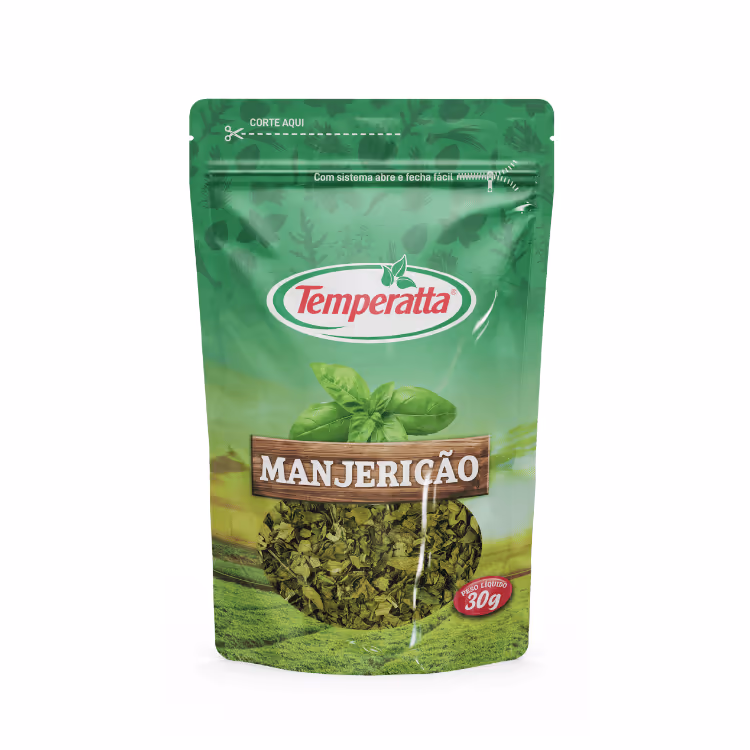 Manjericão desidratado em folhas Temperatta em embalagem Stand Up Pouch