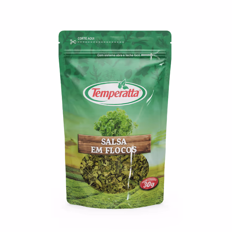 Salsa desidratada em flocos Temperatta em embalagem pouch abre e fecha.